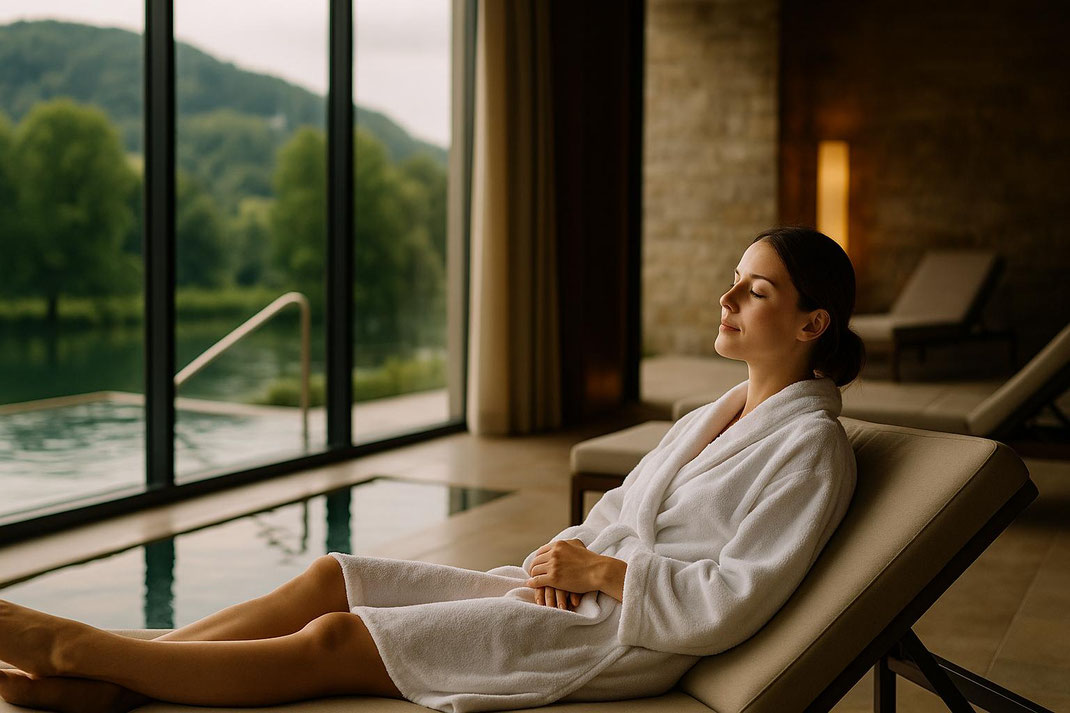Frau in Bademantel entspannend auf einer Liege, Blick auf den Außenbereich.