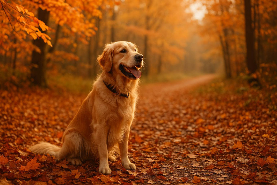 Golden Retriever sitzt auf einem mit buntem Laub bedeckten Waldweg im warmen Herbstlicht.