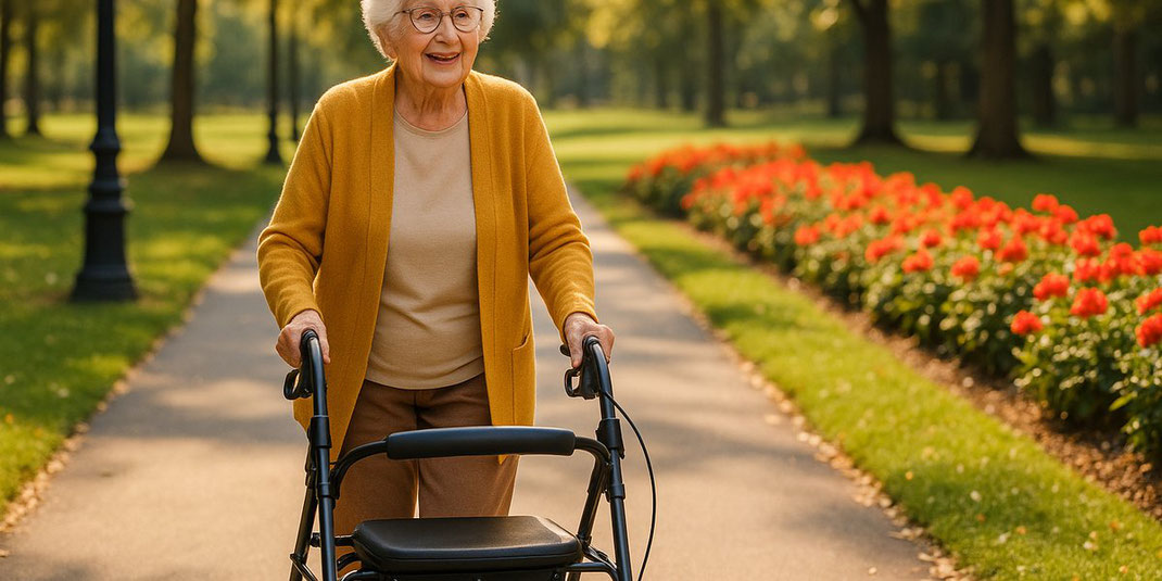 Ältere Frau schiebt ihren Rollator auf einem Parkweg, umgeben von Blumenbeeten