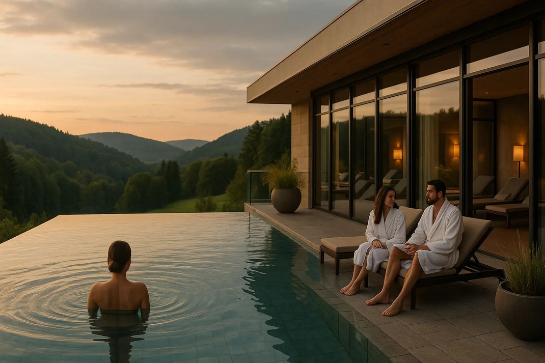 Eine Frau entspannt im Infinity-Pool mit einer Berglandschaft im Hintergrund.