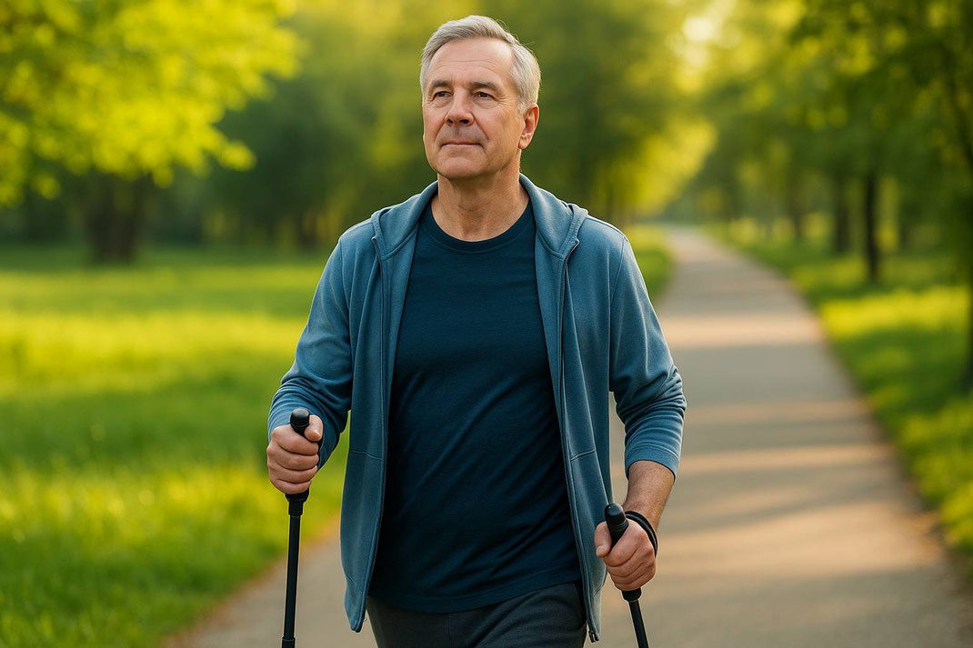 Älterer Mann beim Nordic Walking auf einem sonnigen Parkweg, umgeben von grüner Natur