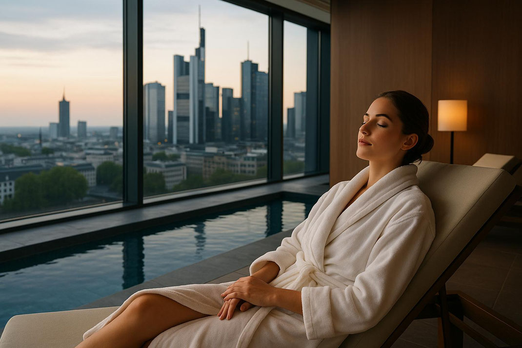 Frau in Bademantel genießt die Aussicht.