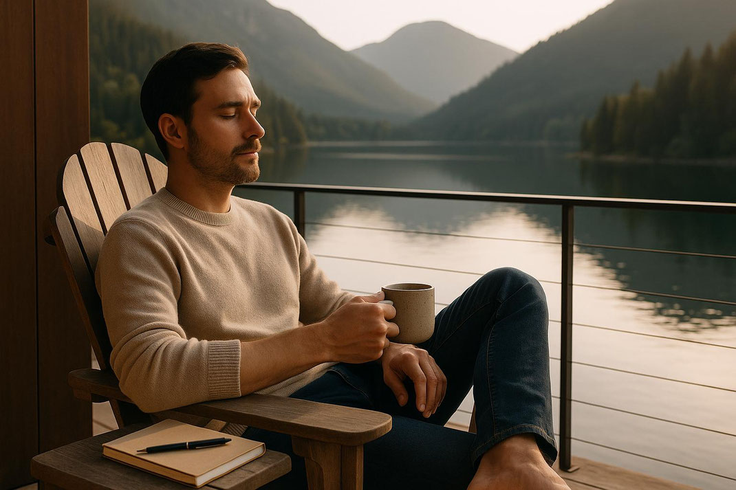 Ein Mann entspannt am See, genießt eine Tasse Kaffee in der Natur.