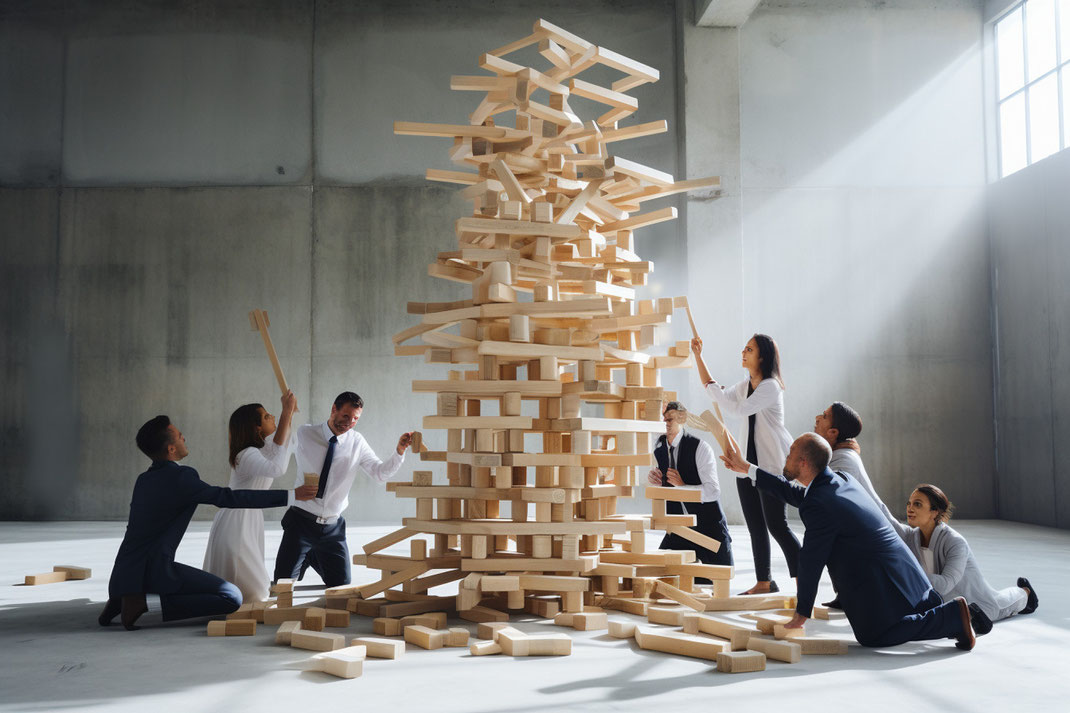 Geschäftsleute in förmlicher Kleidung bauen gemeinsam an einem riesigen Turm aus Holzklötzen – kreative Teamarbeit und Kommunikation in einem modernen Raum mit hoher Decke.
