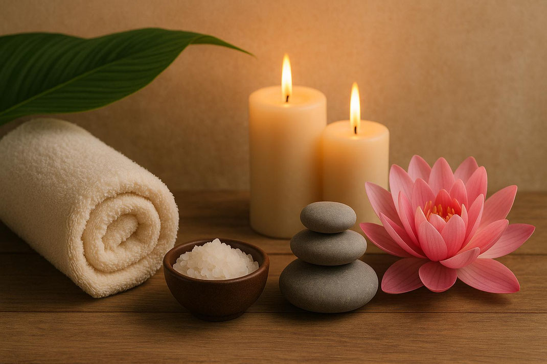 Wellness-Dekoration mit Handtuch, Kerzen, Steinen und einer Blüte, die eine friedliche und entspannende Stimmung vermittelt.