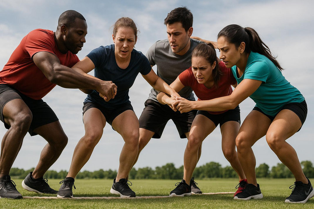 Gruppenübung im Freien, Teamarbeit und sportliche Zusammenarbeit.
