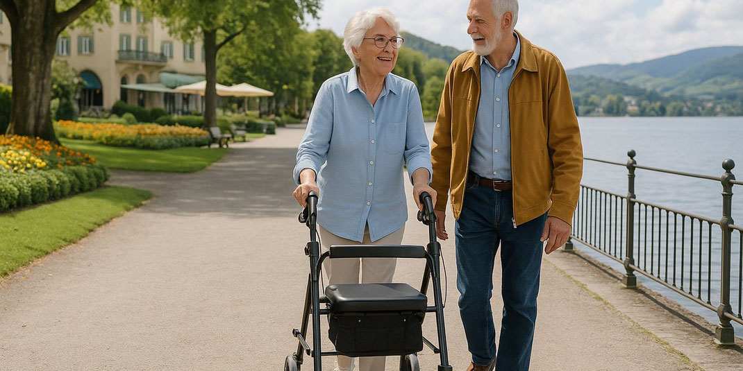 Seniorin mit Rollator spaziert lachend am See, begleitet von einem älteren Mann