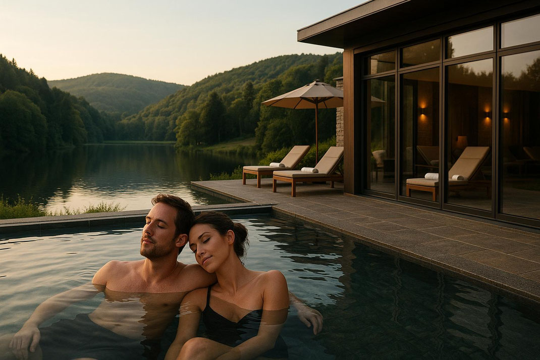 Romantischer Abend im Pool mit Blick auf die Natur.