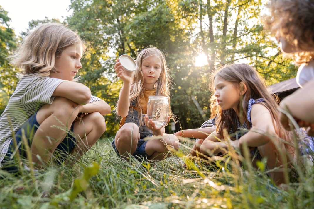 Gruppe von Kindern sitzt im Gras und beobachtet gemeinsam ein Glas mit einem Insekt darin – naturverbundenes Spielen im Freien an einem sonnigen Tag.