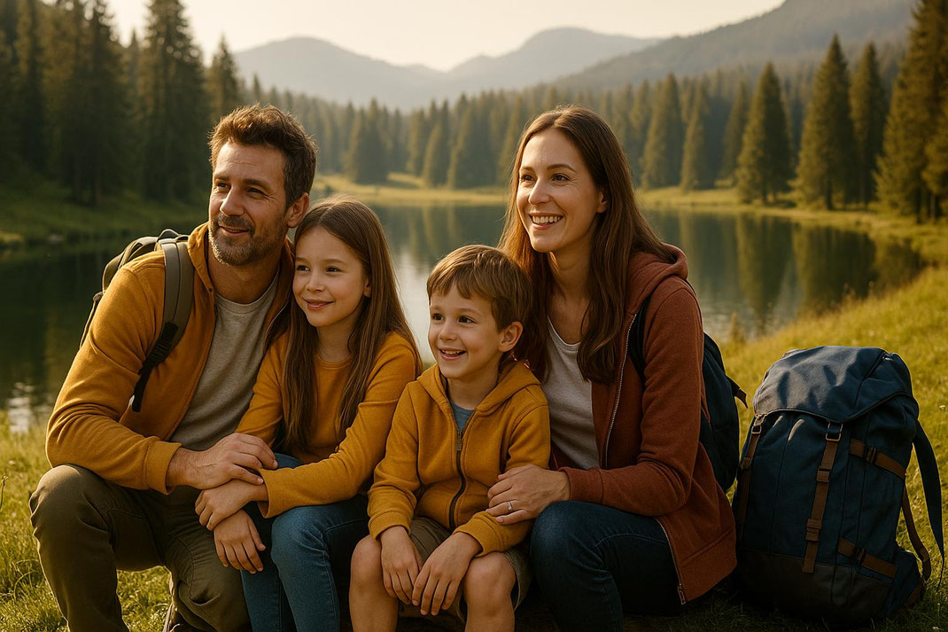 Familie sitzt glücklich am Ufer eines Bergsees und genießt die Natur und die Aussicht.