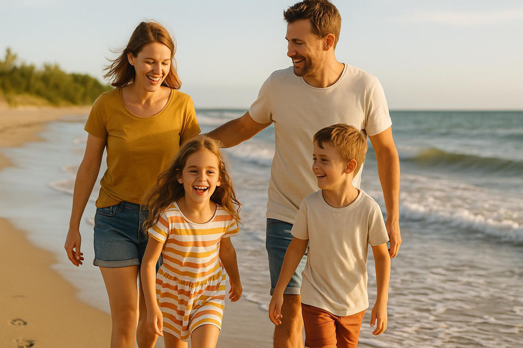 Lachende Familie läuft gemeinsam am Strand entlang und genießt den sonnigen Tag.