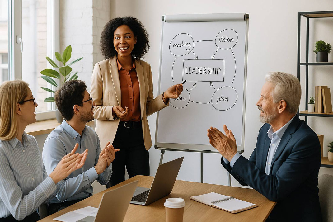 Geschäftsfrau präsentiert Leadership-Konzept auf Flipchart vor einem applaudierenden Team im Seminarraum.