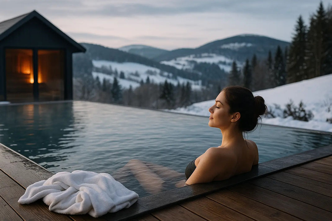 Eine Frau entspannt in einem Infinity-Pool mit Blick auf schneebedeckte Hügel.