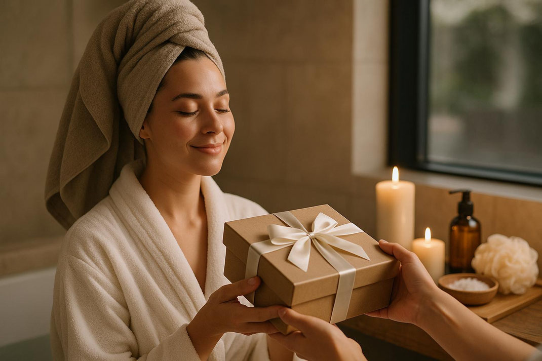 Eine Frau in einem Bademantel erhält ein Geschenk mit einem Lächeln, umgeben von Wellness-Elementen und Kerzen.