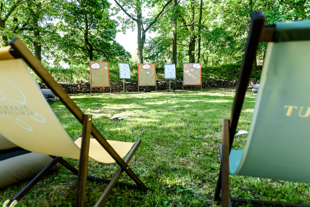 Outdoor-Teamevent auf der Wiese: Liegestühle im Vordergrund, im Hintergrund Tafeln für Teamspiele unter Bäumen – Teamevent Ideen im Parkhotel Schillerhain.