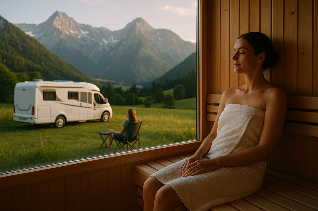 Entspannung in der Sauna mit Blick auf die Berge und den Campingwagen im Freien.