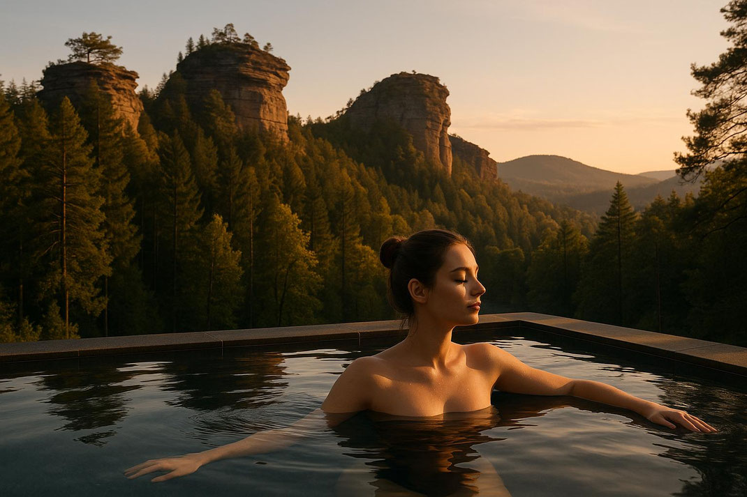 Nahaufnahme einer Frau im Wasser, umgeben von einer malerischen Berglandschaft bei Sonnenuntergang.