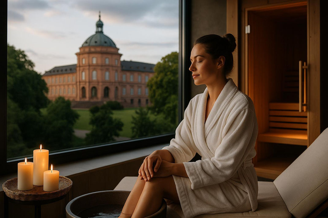 Entspannende Wellnessmomente mit Kerzenlicht und Blick auf ein historisches Gebäude.