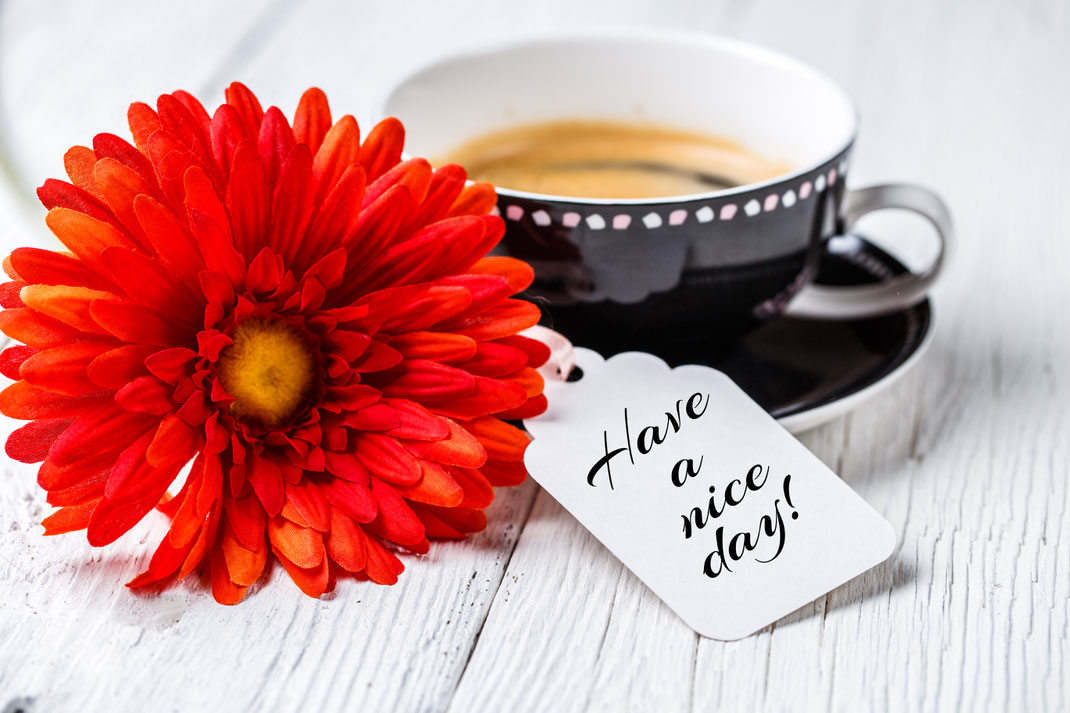 Nahaufnahme einer roten Gerbera mit Espressotasse und Schild ‚Have a nice day!‘ – Gute-Laune-Motiv und morgendliche Kaffeemotivation