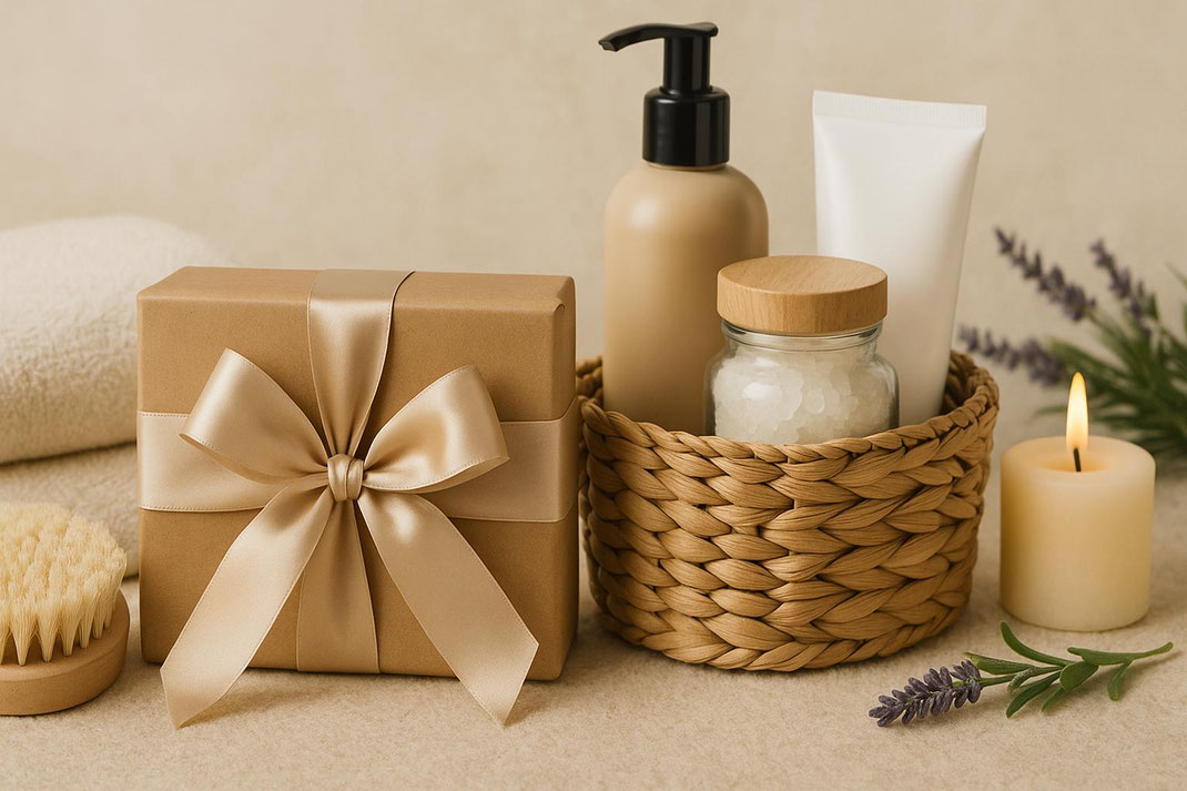 Ein stilvolles Arrangement von Pflegeprodukten in einem Korb und Geschenk, ideal für Spa-Erlebnisse.