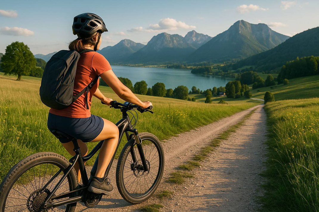 Frau fährt mit E-Bike auf einem Feldweg mit Blick auf einen See und Bergpanorama – Symbol für Natur und Freiheit.