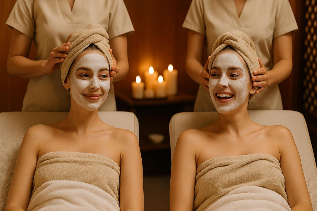 Zwei Frauen in einem Spa mit Gesichtsmasken, während sie eine entspannende Massage genießen.