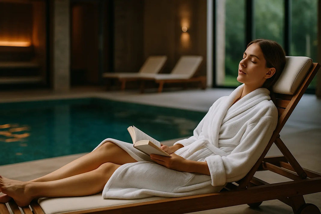 Eine entspannte Frau liest am Pool.