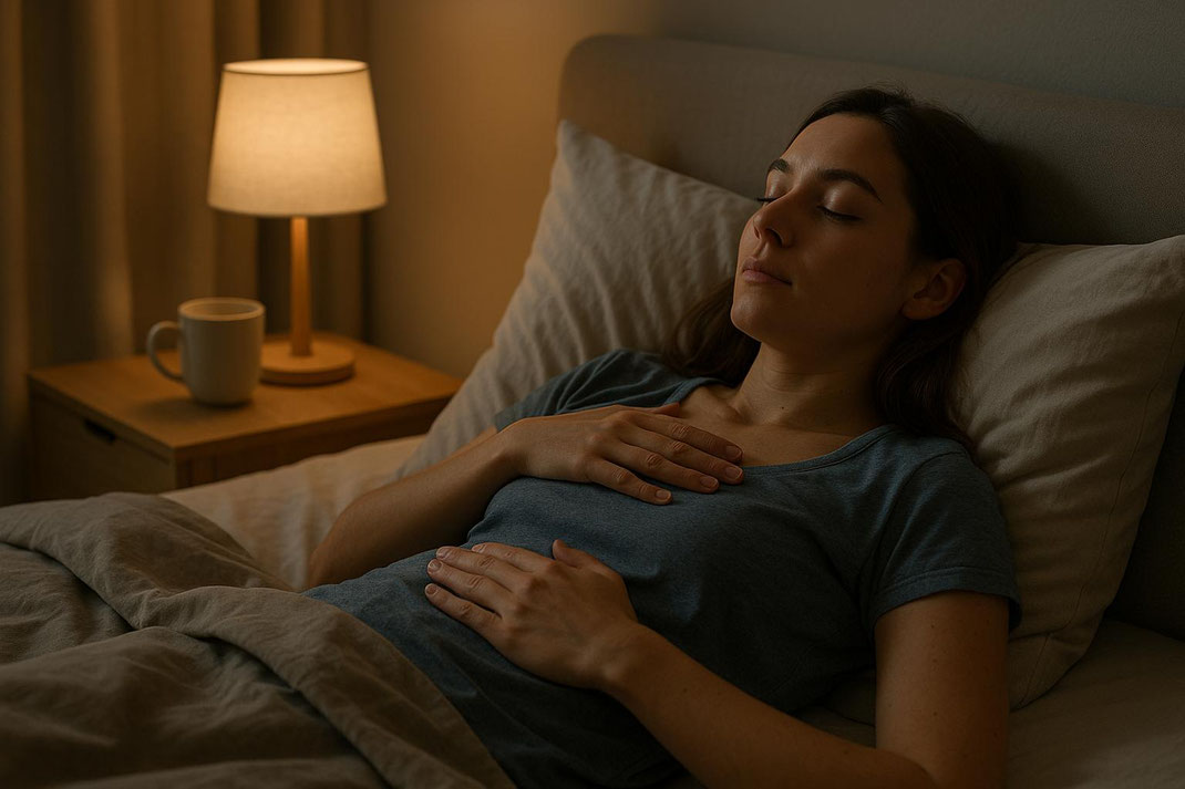 Frau schläft tief in einem gemütlichen Bett, umgeben von sanftem Licht und einem warmen Ambiente.