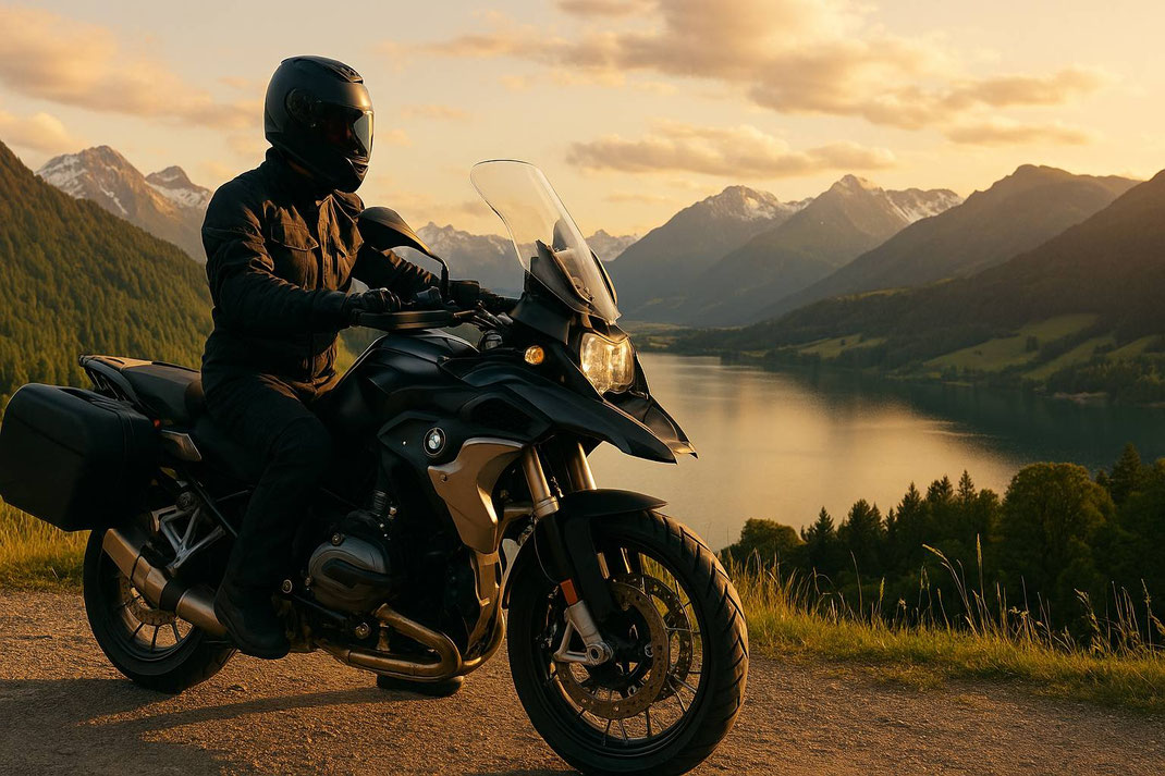 Motorradfahrer in schwarzer Schutzkleidung hält an einem Aussichtspunkt mit Blick auf einen See und schneebedeckte Berge im Abendlicht.