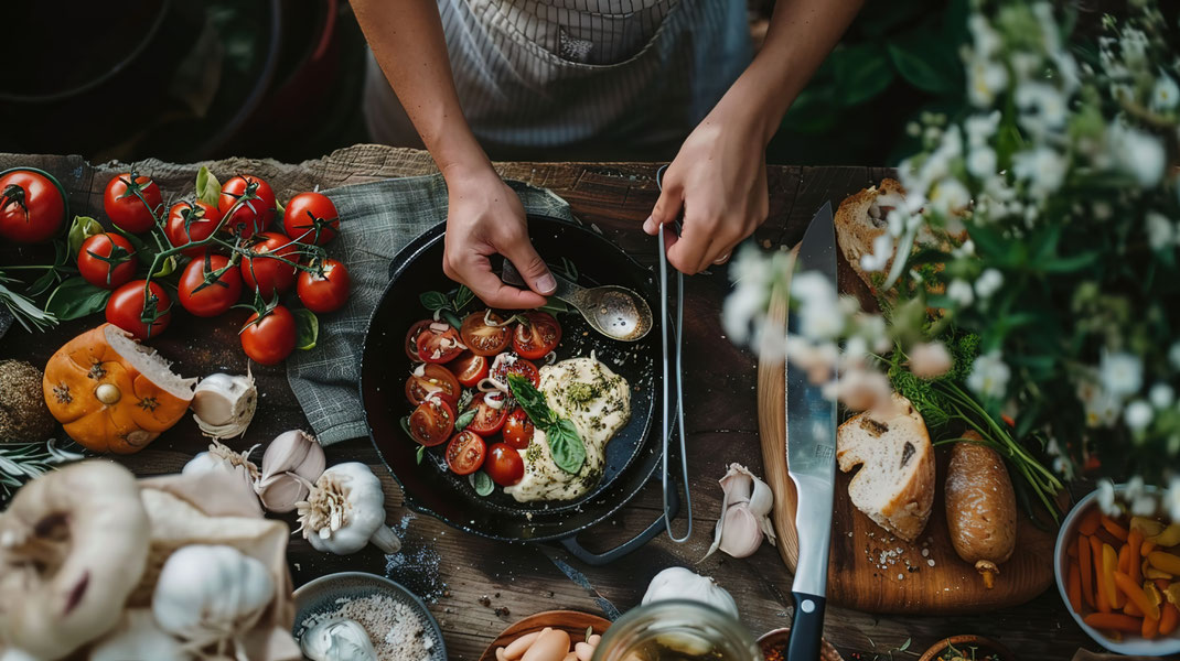Person bereitet in einer rustikalen Küche ein Gericht mit frischen Tomaten, Kräutern und Käse in einer Pfanne zu – umgeben von frischen Zutaten wie Knoblauch, Brot, Kürbis und Kräutern.