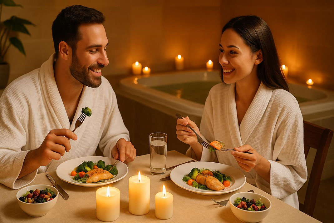 Paar in Bademänteln isst ein leichtes Dinner bei warmem Kerzenlicht und entspanntem Spa-Ambiente.