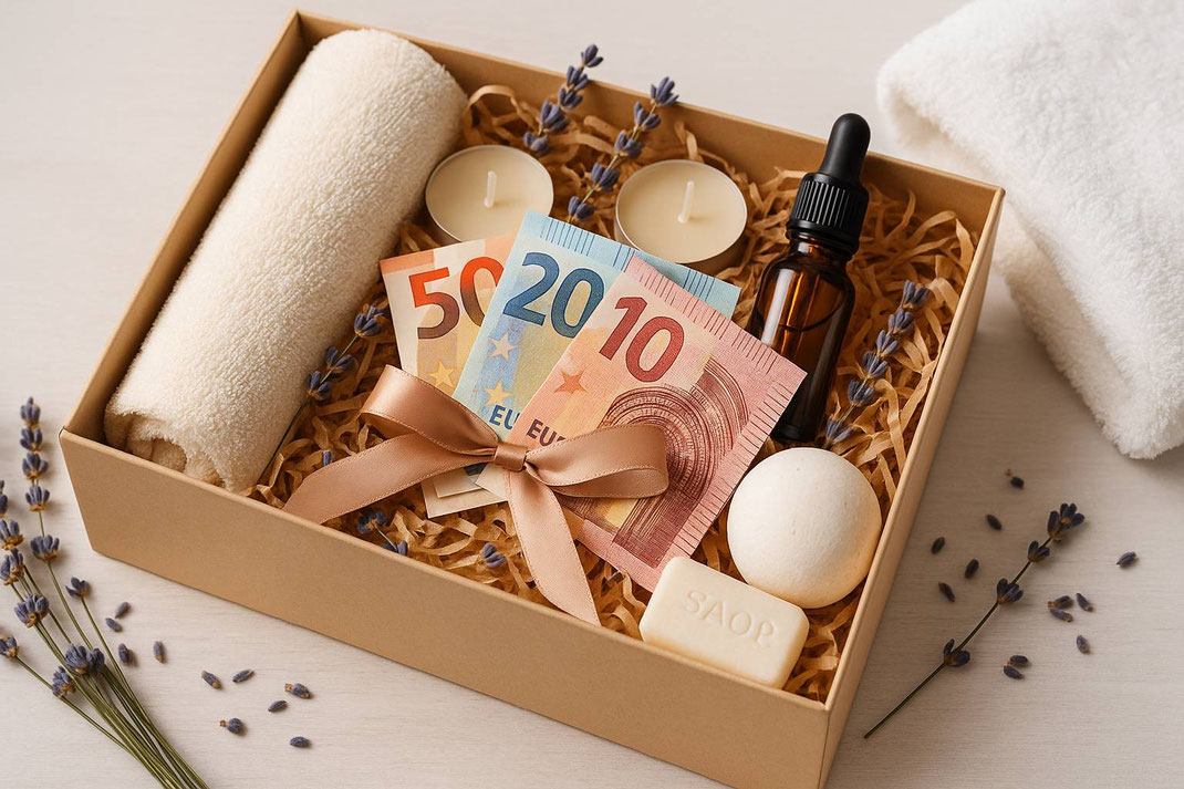 Liebevoll arrangierte Spa-Geschenkbox mit Euro-Scheinen, Handtuch, Kerzen und ätherischem Öl.