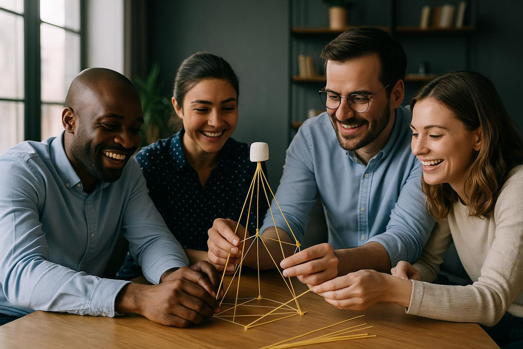 Gruppe von Menschen baut einen Turm aus Spaghetti und Marshmallows und zeigt Freude an Zusammenarbeit.