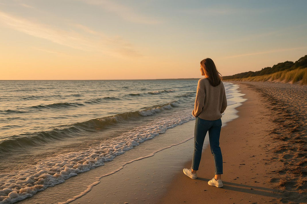 Eine Frau steht am Ufer und genießt den ruhigen Sonnenuntergang über dem Wasser, während die Wellen an ihre Füße spülen.
