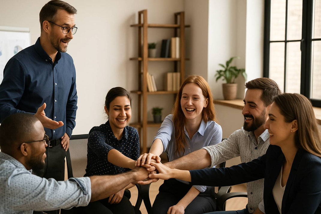 Lächelnde Kolleginnen und Kollegen stärken den Teamzusammenhalt durch eine gemeinsame Geste im Büro.