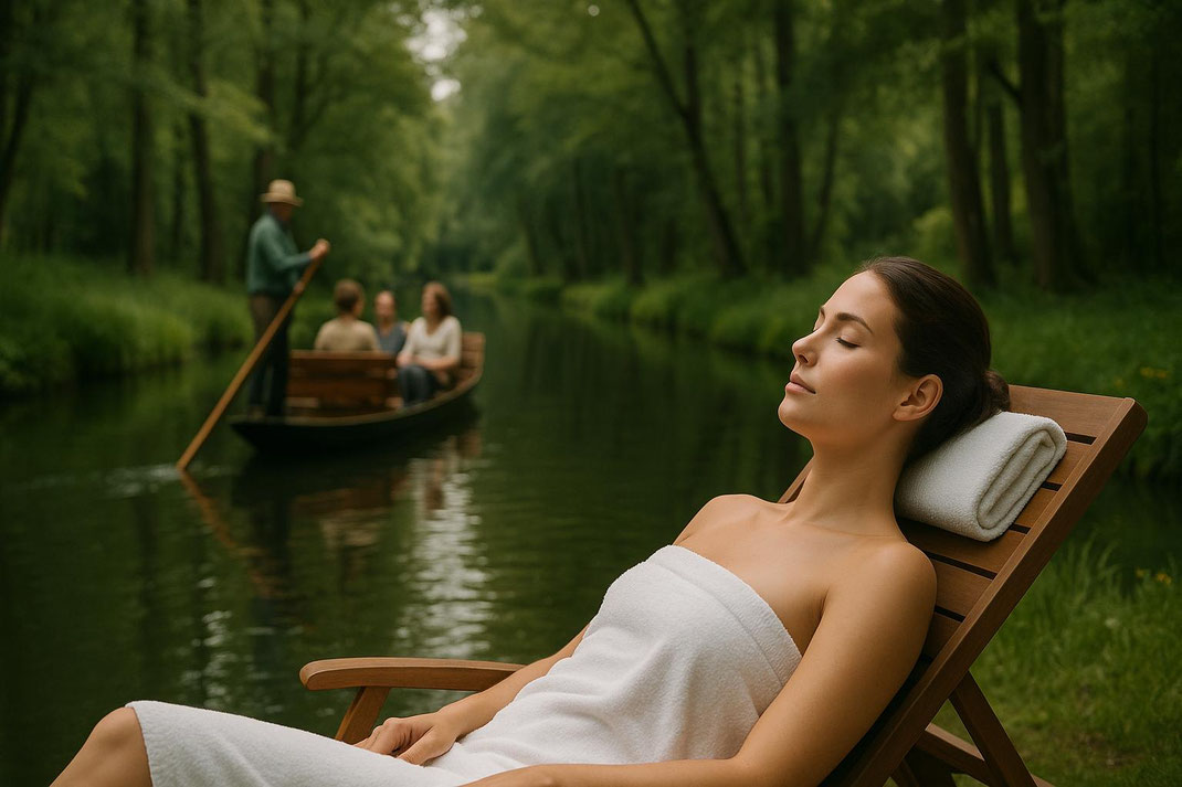 Eine Frau entspannt am Wasser in einem Bademantel mit Blick auf die Natur.","name":"Frau Entspannung Natur