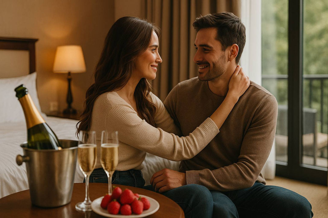Paar verbringt ein romantisches Wochenende im Hotelzimmer mit Champagner und Erdbeeren.