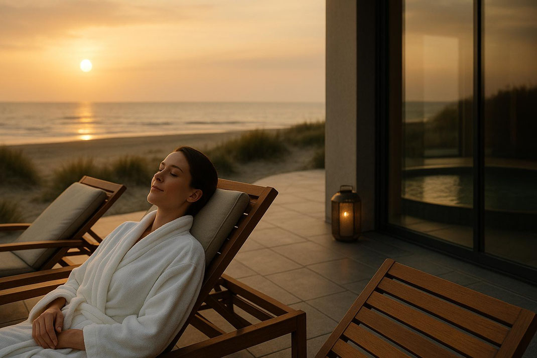 Eine Frau entspannt am Strand bei Sonnenuntergang.
