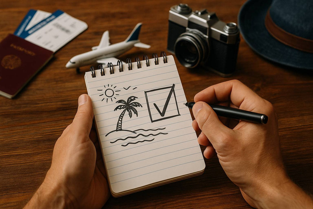 Person zeichnet im Notizbuch eine Palme und ein Häkchen, daneben Reisepass, Kamera und Flugtickets – Symbol für Urlaubsplanung.
