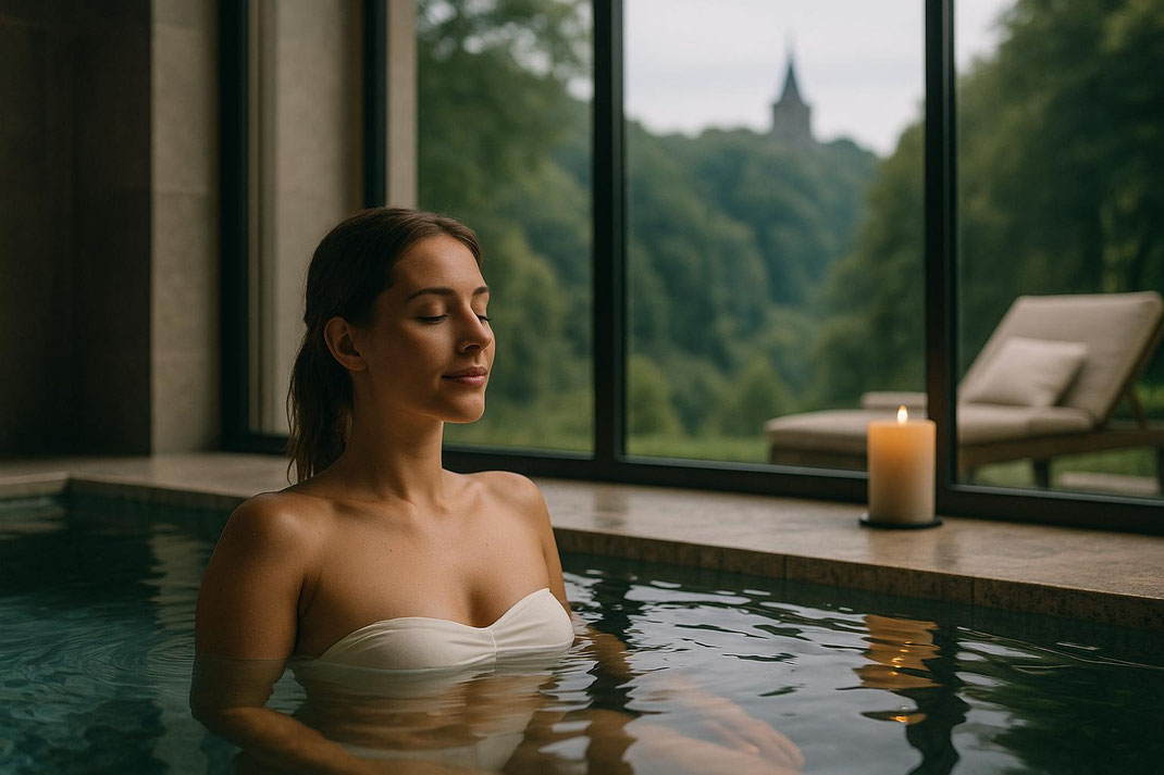 Entspannende Spa-Atmosphäre mit Frau im Wasser, Blick auf die Natur.
