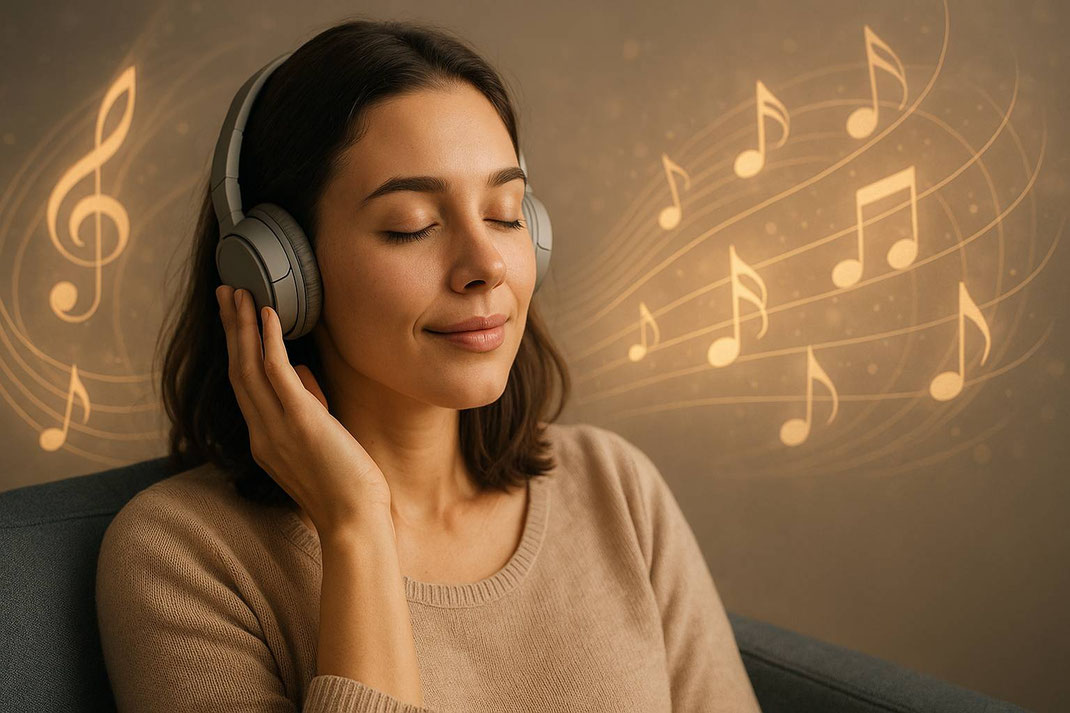 Junge Frau mit Kopfhörern, die entspannt Musik hört, mit musikalischen Notensymbolen im Hintergrund.
