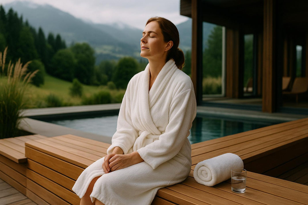 Frau im Bademantel entspannt am Pool mit Blick auf die Natur.