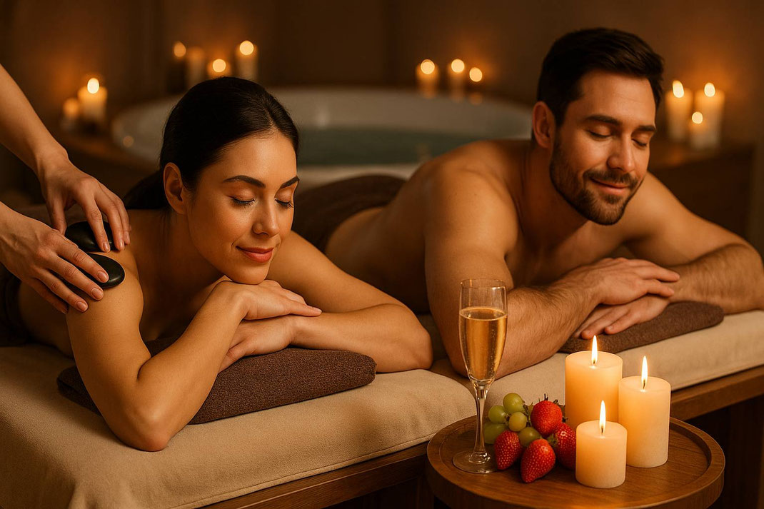 Paar genießt eine Partnermassage mit Kerzenlicht, Früchten und einem Glas Sekt im Spa.
