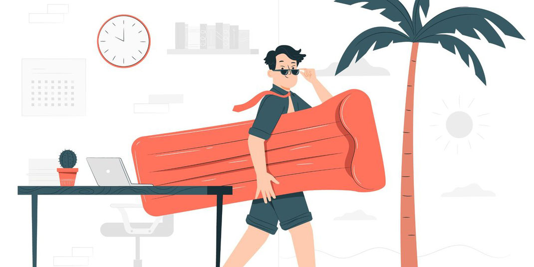 Illustration eines Mannes mit Sonnenbrille und Luftmatratze, der symbolisch aus dem Büro in den Urlaub geht