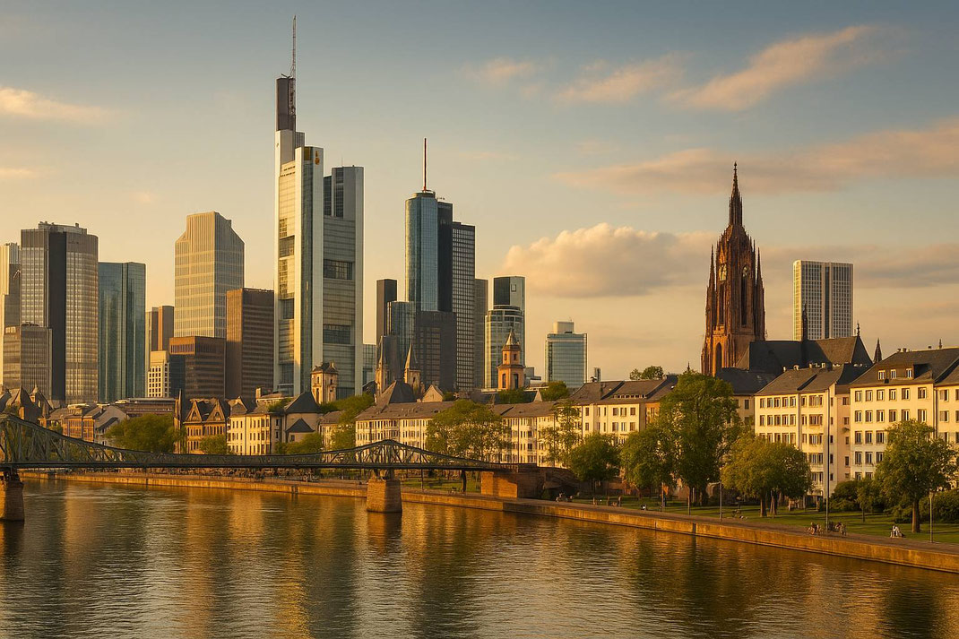 Abendstimmung über der Frankfurter Skyline mit reflektierendem Wasser und historischem Dom.