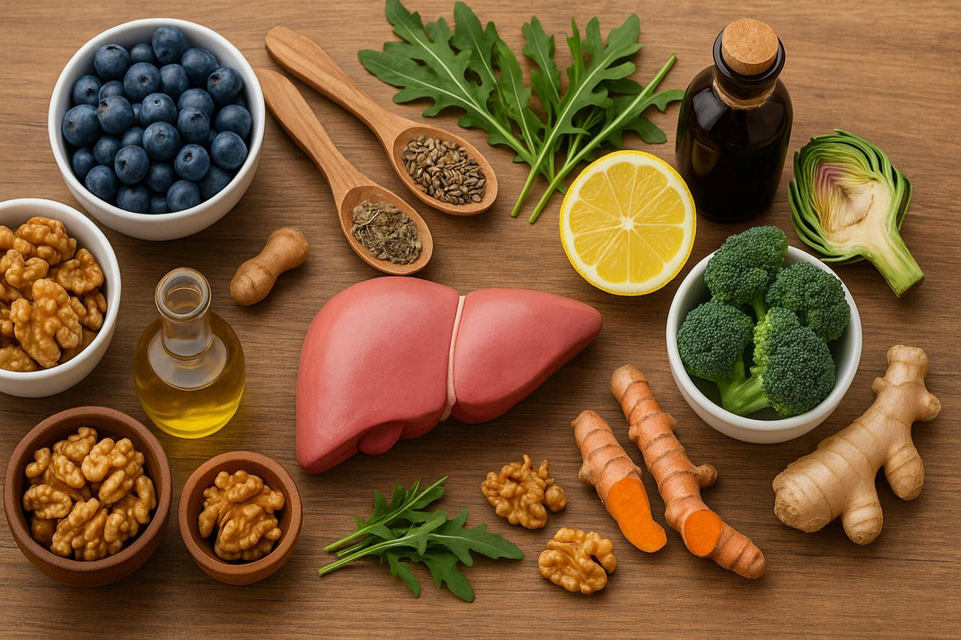 Auswahl leberfreundlicher Lebensmittel wie Blaubeeren, Brokkoli, Kurkuma, Walnüsse und Zitrone rund um ein Modell einer menschlichen Leber.