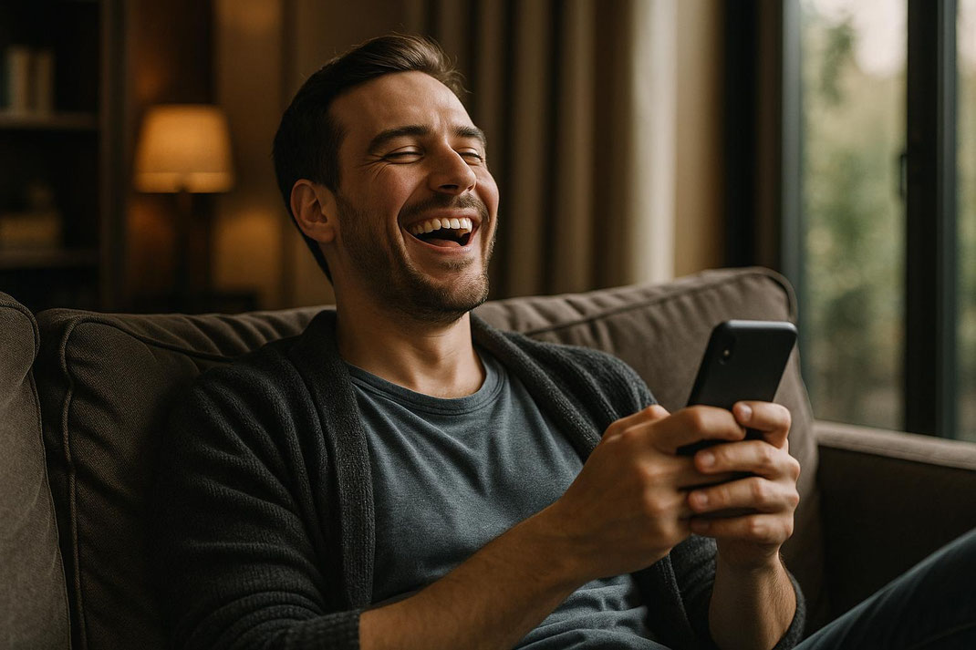 Ein Mann lacht fröhlich, während er auf seinem Smartphone schaut, entspannend auf dem Sofa.