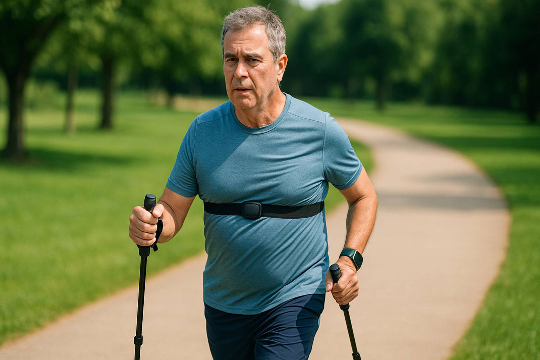 Mann mittleren Alters beim intensiven Nordic Walking mit Herzfrequenzmesser auf einem parkähnlichen Weg.