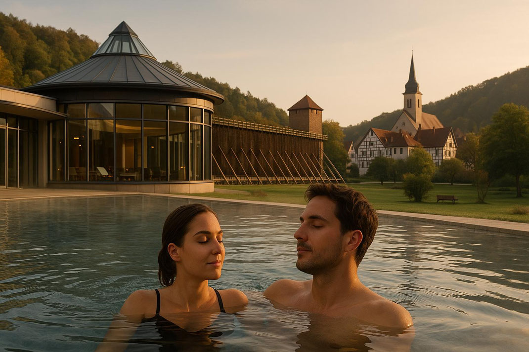 Paar entspannt im Pool mit Blick auf die Landschaft.