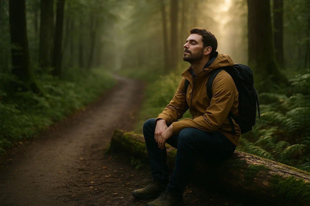 Ein Mann sitzt auf einem Baumstamm im Wald und genießt die Ruhe.